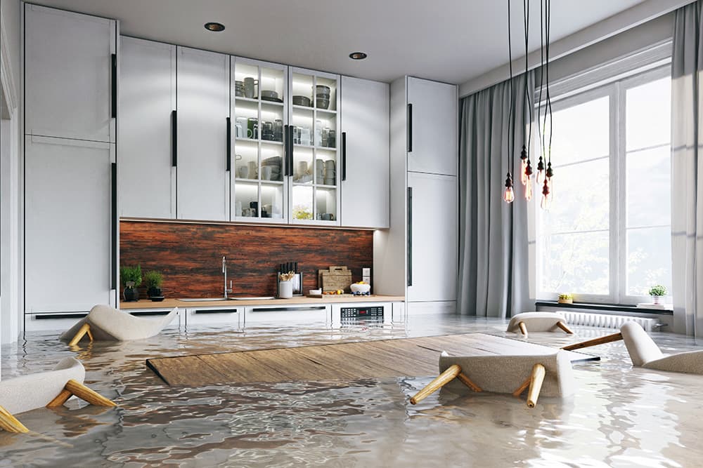 water-damage-restoration-company-bryn-mawr-california-flood-sewage-cleanup-mold-removal-emergency-services-2 Flooded kitchen in need of Bryn Mawr water damage restoration services.